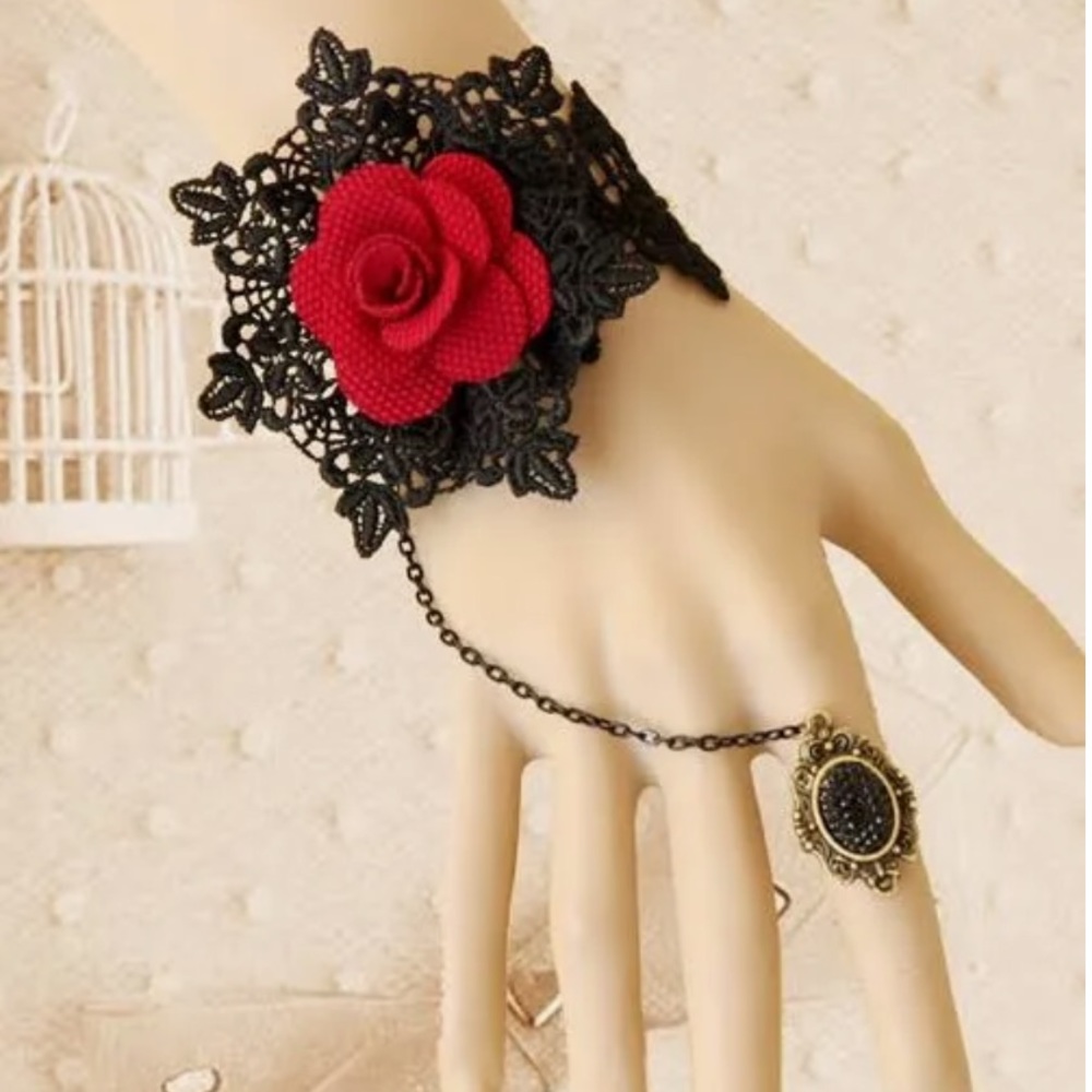 Lace Rose chain Bracelet Ring Attached, Retro Bracelet (Lace Rose)